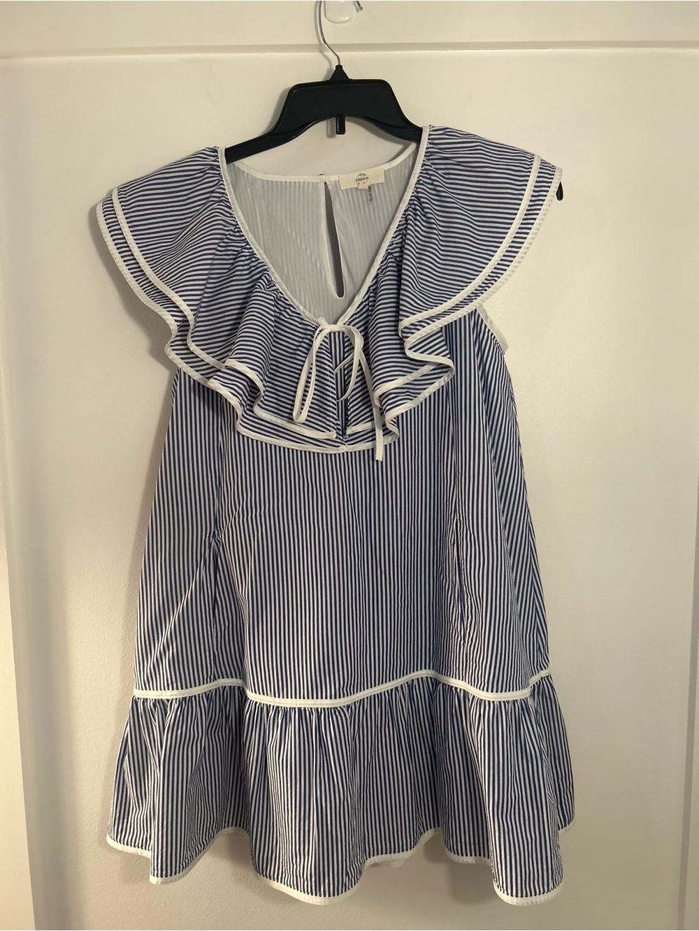 entro Blue & White Striped Coastal Charm Ruffle Tie-Front Dress Small
